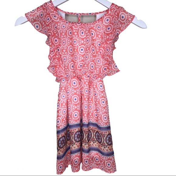DEX Border Angel Sleeve Dress With Geo Print & Caged Open Back Coral Pink 6Y - Picture 3 of 7